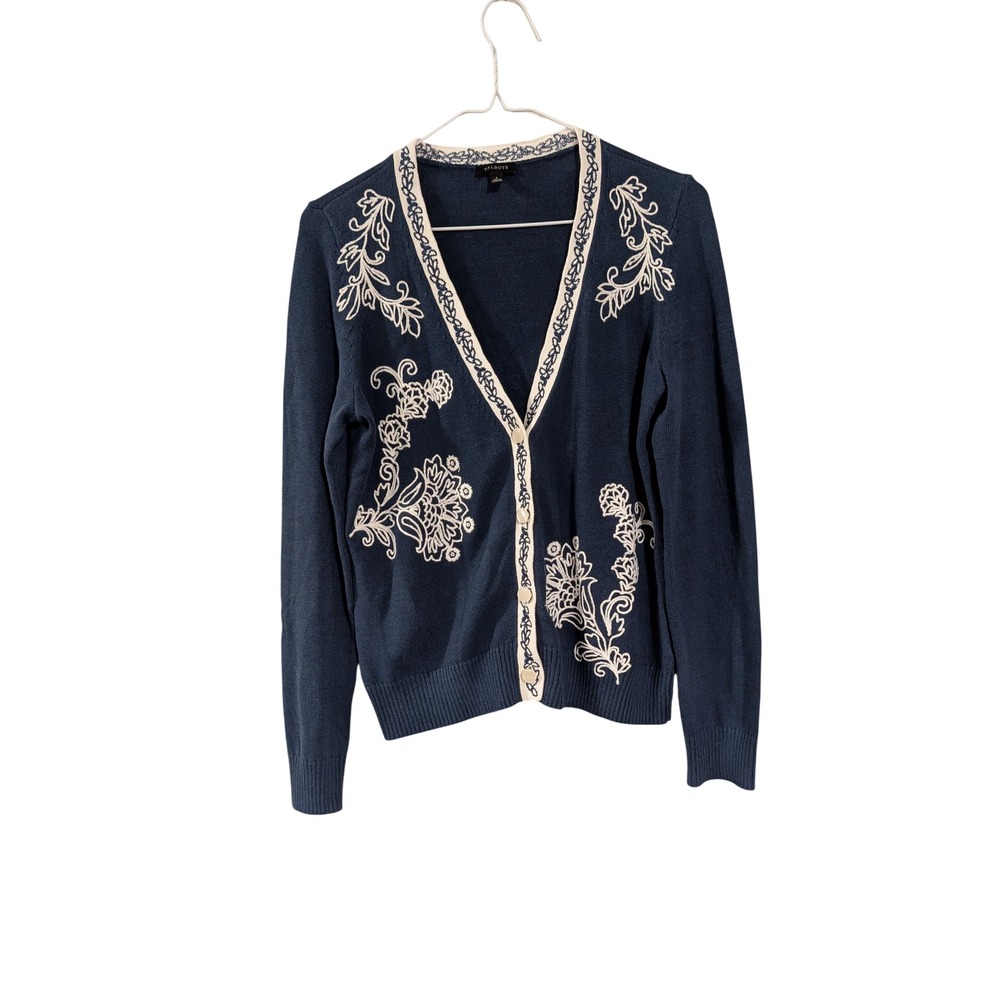 Talbots Cardigan Sweater Womens Small Navy Blue Floral Embroidered Cotton V-Neck